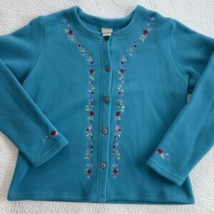L.L. Bean Vintage Teal Fleece Floral Embroidery Medium